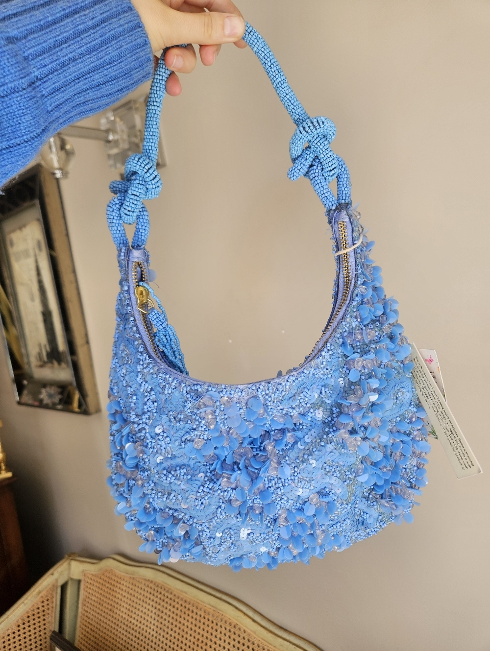 NWT Blue Periwinkle Floral Beaded Embellished Shoulder Bag